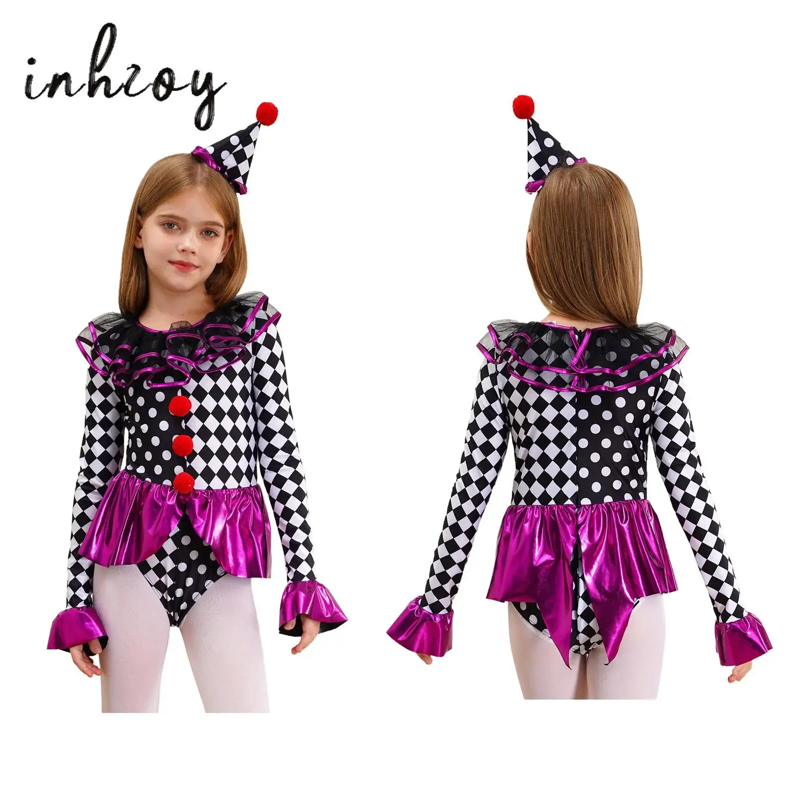 Kids Girls Doll Clown Role Play Costume Metallic Ruffle Skirt Checkerboard Tutu Leotard Dress Bodysuit Halloween Fancy Dress Up