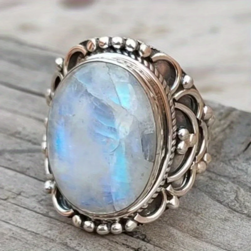 Boho-Mondstein-Ring – Regenbogen-Mondstein, silberfarbener Ring, Statement-Ring – Ring, minimalistischer handgefertigter Schmuck, Geschenk, Bestseller