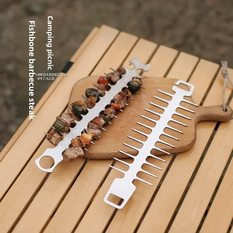

Outdoor camping fish bone barbecue row stainless steel stick creative skewer wearing tool camping DIY barbecue net