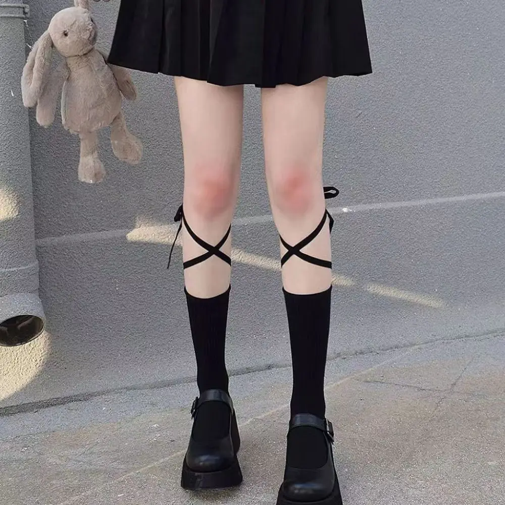 

2 Pairs JK Lace-up Lolita Cotton Socks Long Rope All Match Solid Color Thin Sock Women Hosiery Korean Style Mid-Calf Tube Sock