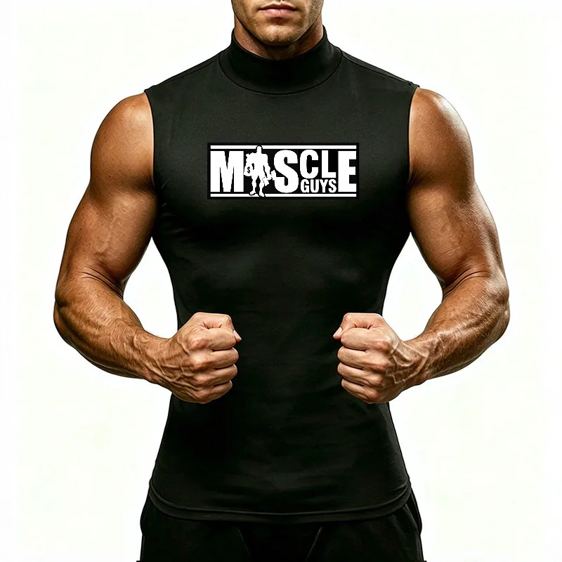 Muscleguys Turtleneck Quick Dry Compression Tank Tops Men Tight Gym Sleeveless Shirts Bodybuilding Workout Running Training Vest