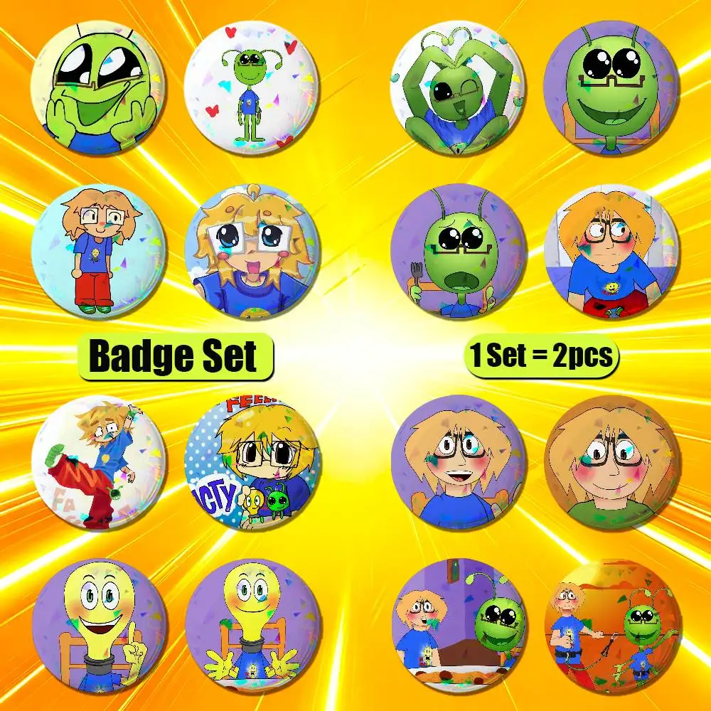 For Fact Attack Adventures Alien Facty Boy Enamel Pin Badge Set 2PCS Round Button Metal Brooch Ita Bag Backpack Pins Custom