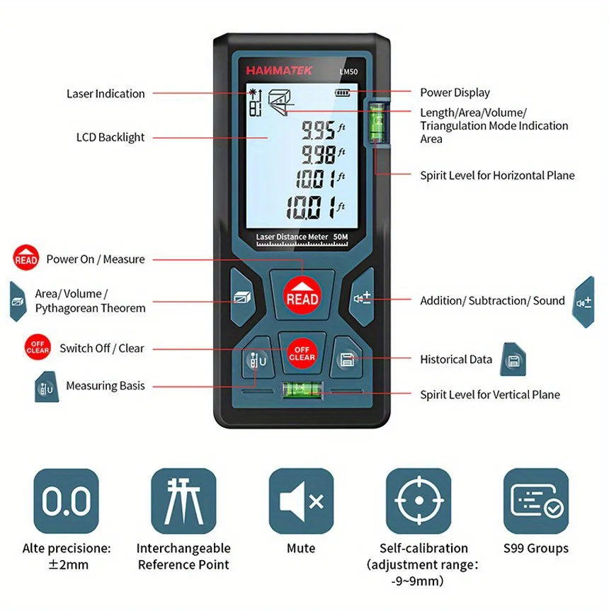 HANMATEK LM50/100 Laser Rangefinder 50M 100M Rangefinder Digital Laser Rangefinder Test Tool with Horizontal Bubble