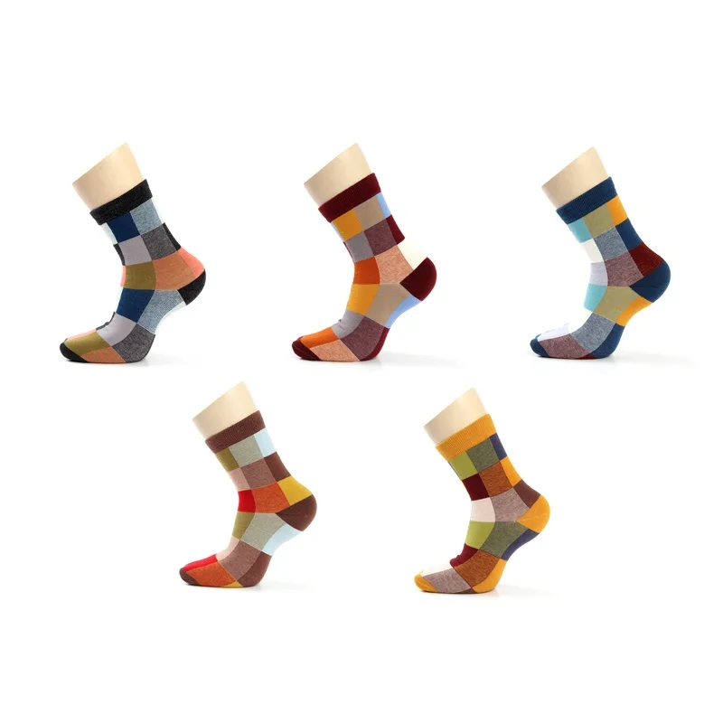 New 5 Pairs/Lot Combed Cotton Men\'s Socks Compression Socks Fashion Colorful Square Happy Dress Socks Men Size 39-45 Gifts 2024