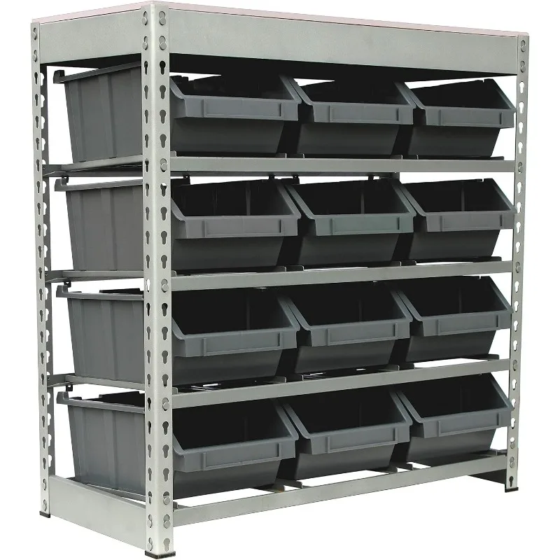 Rack Bin Rack Boltless Steel Storage System Organizer w/ 12 Plastic Bins in 4 tiers