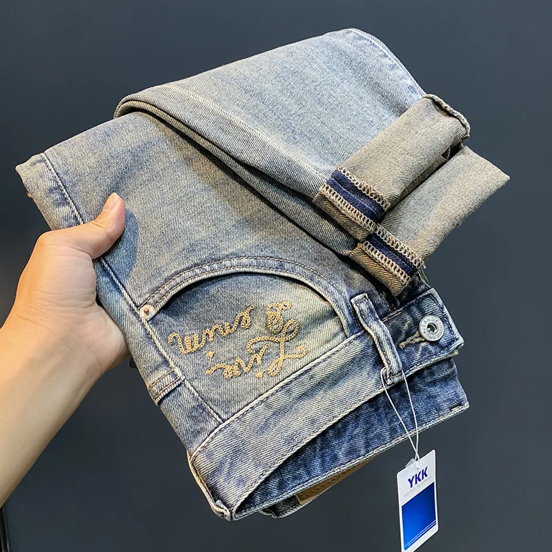 High End New Washed Jeans Men  Trend Embroidered Loose Summer Thin Straight Fitting Fashionable Versatile Casual Denim Pants