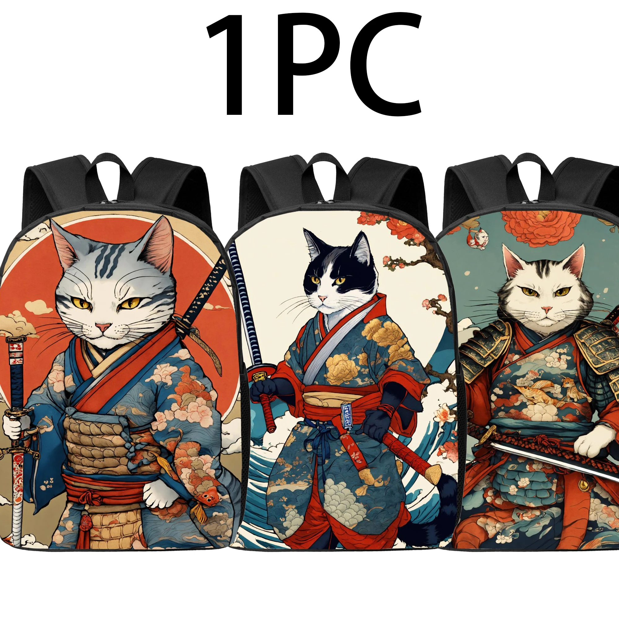 

2D prints, Japanese style, samurai cat, Backpack，large capacity, cute, elegant, artistic, fashionable, gift, travel, everyday