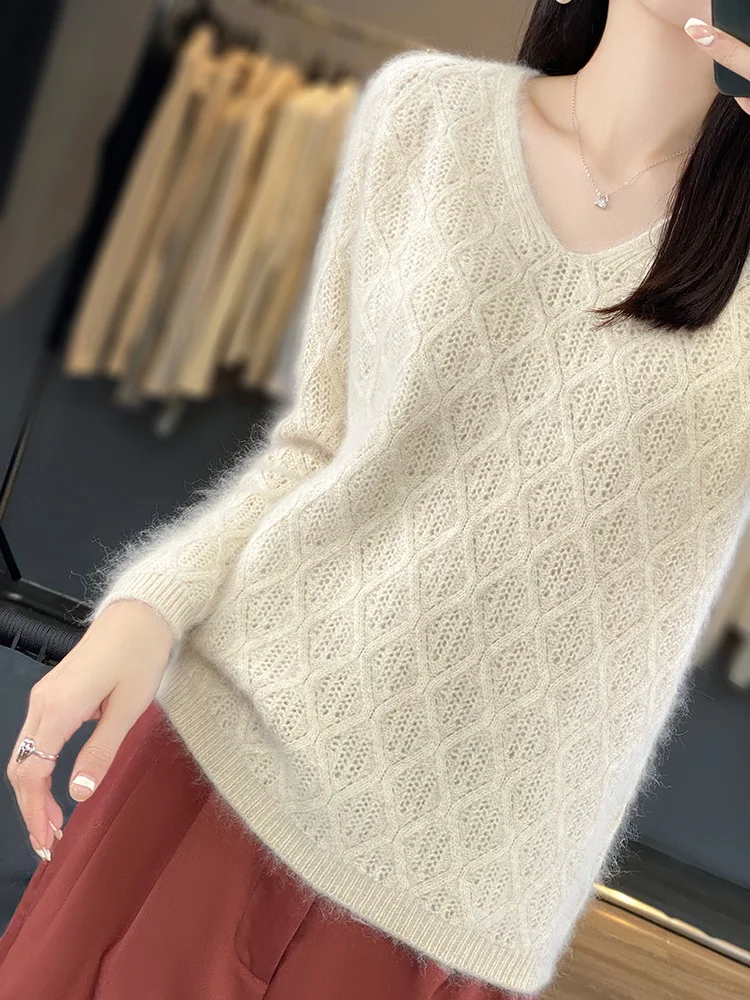 100% Mink Cashmere Sweater Women's V-Neck Pullover Spring Autumn New Knitted Top Long Sleeve Jumper Loose Hollow Korean Clothing