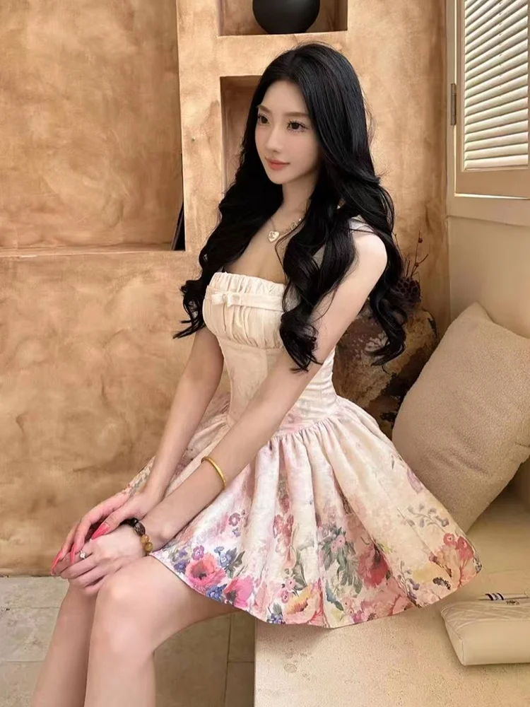

Stazf7 Summer Pure Desire Puffy Floral Fairy Skirt Women's plus Size Waist Cinched Strapless Dress Gentle Girl Style Short A-...