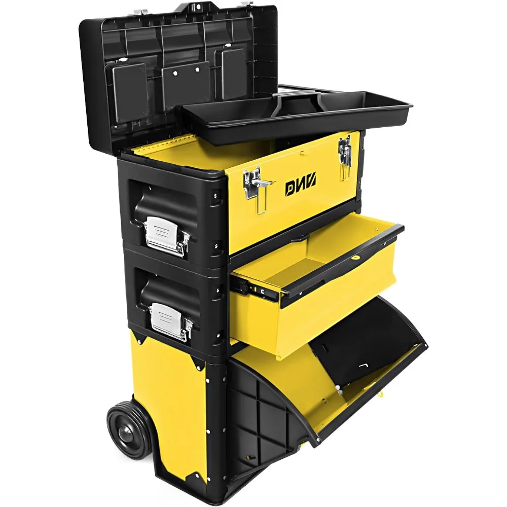 صندوق أدوات قابل للتكديس من DNA Motoring مكون من 3 طبقات مع حقيبة يد منفصلة، مساحة تخزين 19.5 × 28.5 × 12، 3 في 1، أصفر