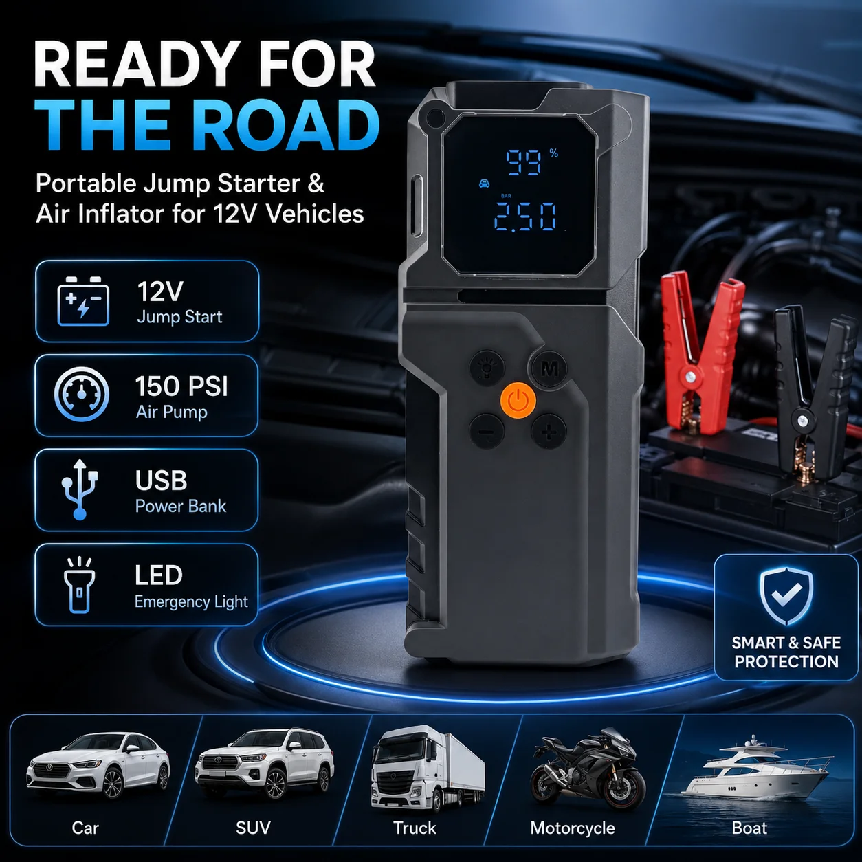 Car Jump Starter Power Bank Portable Air Pump Tire Air Compressor Car Battery Emergency Boosters Starting Device with LED Light