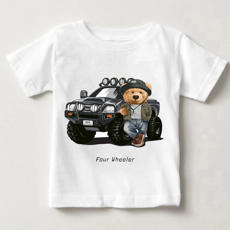 T-shirt blanc imprimé ours drôle pour enfants, vêtements Y2K pour garçons et filles, moto, voiture, Harajuku, Kawaii, drôle, bébé, été