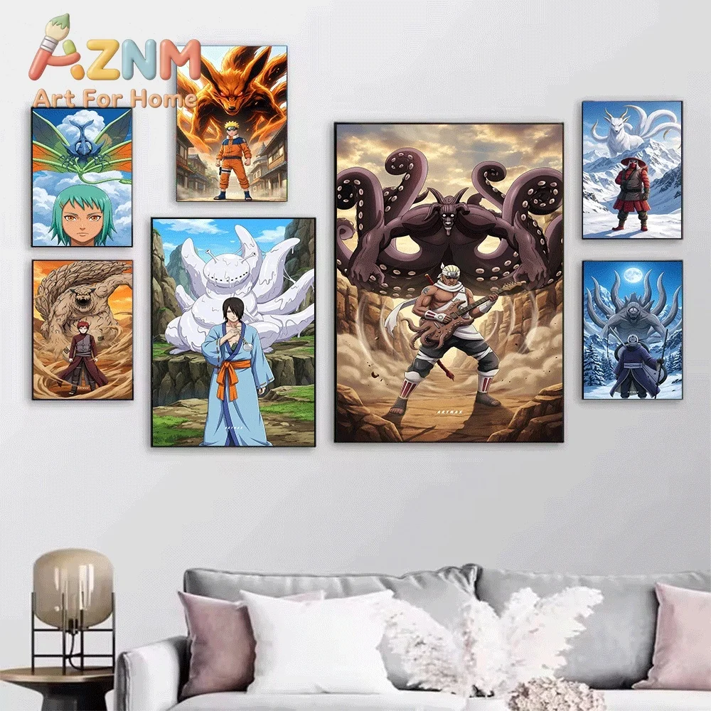Naruto Tailed Beasts & Jinchuriki Anime Canvas Wall Art, Classic Character Illustration Print, Unframed Canvas Painting for Be