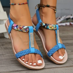 Women Sandals Fashion Weaving Roman Sandals Women Summer New T-Strap Flat Shoes Woman Plus Size Comfort Non Slip Beach Shoes