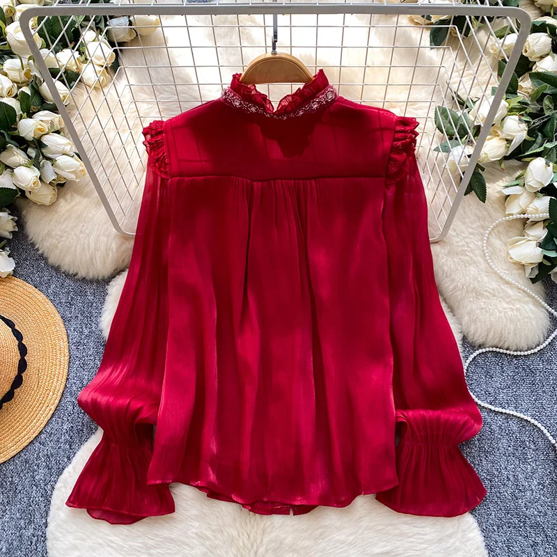 French Royal Court Style Shirt Women  Elegant Long Sleeve Shirt Frill Ruffles Beaded Trim Office Lady Top Female Blouse BL514
