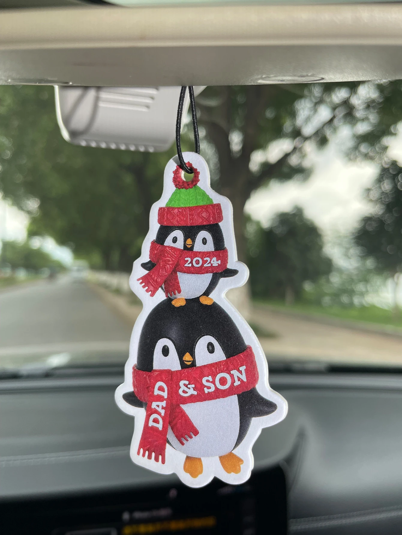 2024 Dad & Son Stacked Penguin Winter Scarf Hat Hanging Car Air Freshener, Natural Plant Extract Alcohol-Free Scented Paper Card