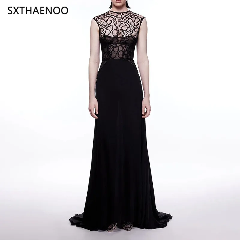 

Элегантное облегающее однотонное вечернее платье SXTHAENOO для женщин, с круглым вырезом, без рукавов, с завышенной талией, летнее шикарное платье для вечеринок, женская мода