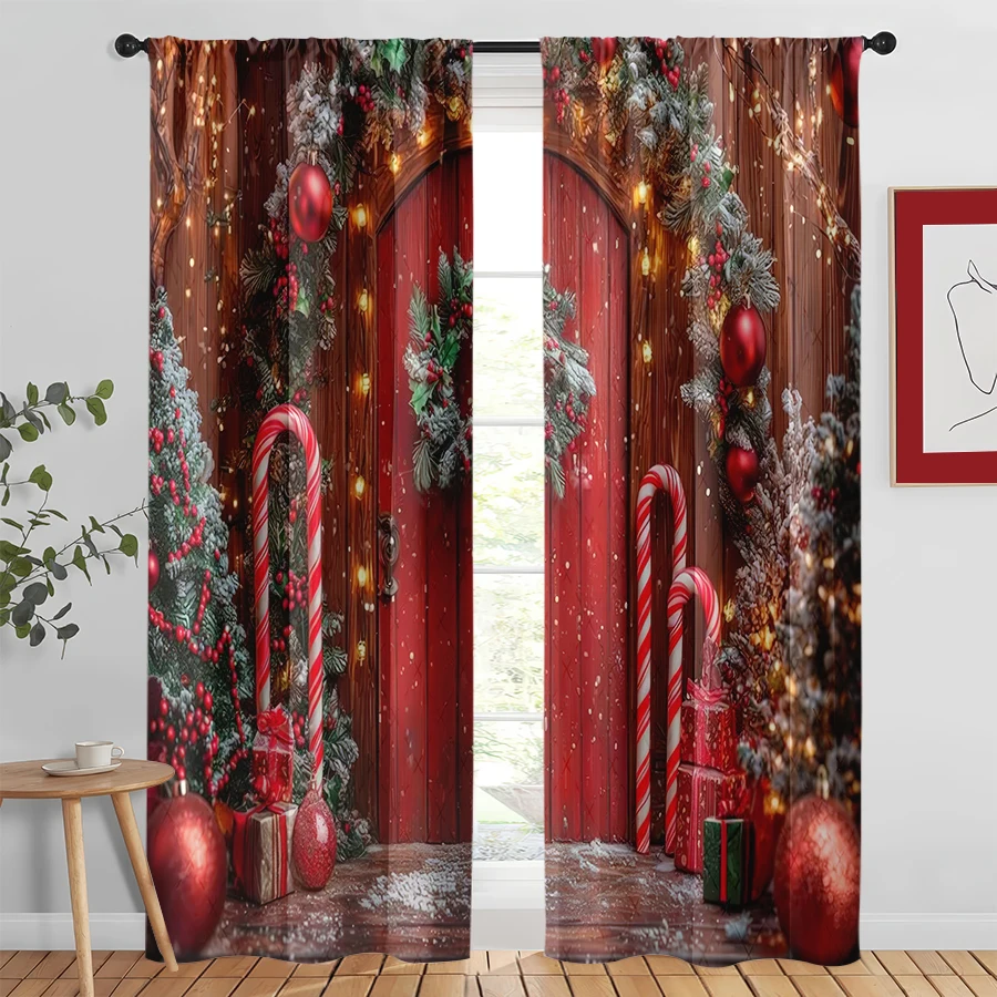 2PCS Christmas Winter Curtains, Red Door Candy Tree, Digital Print, Bedroom Living Room, Rod Pocket, Polyester, Home Decor