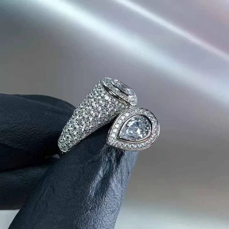 Fashion and elegant Double Water Drop ring for women trend silver 925 inlaid diamonds exquisite high-end ring wedding jewelry