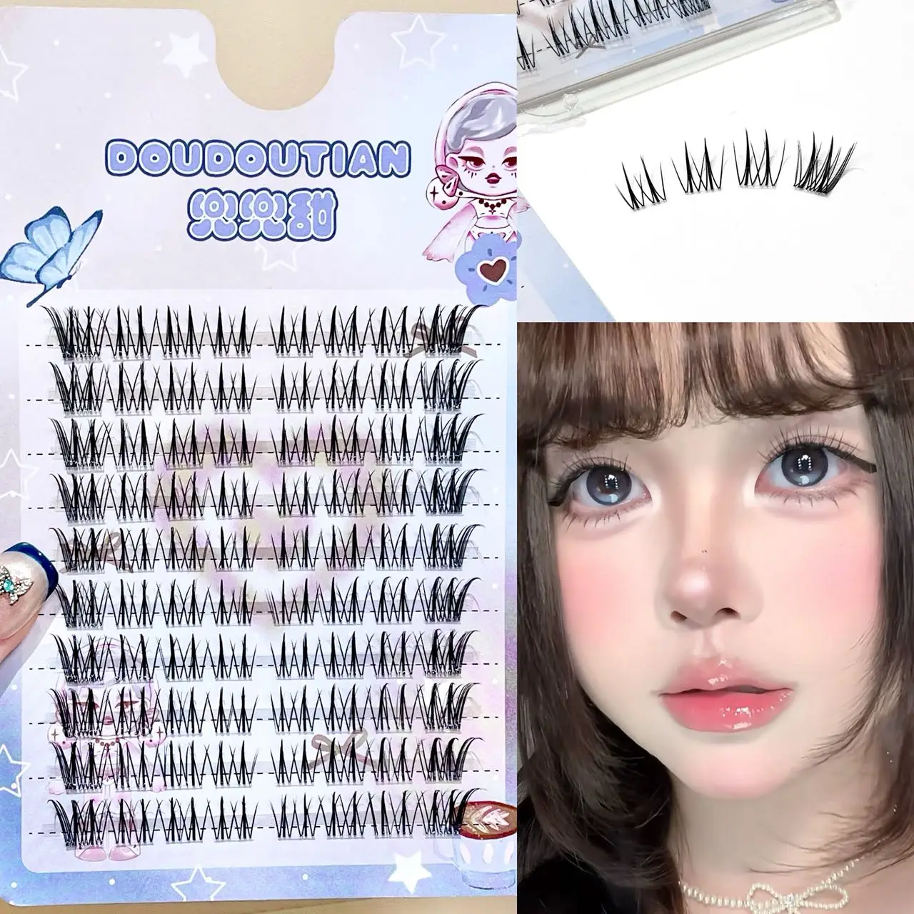 Doudoutian Vintage Doll Lash Clusters Thin Clear Band Layered Fluffy Wispy Tips Dramatic Camera Ready Sweet Girl Party Makeup