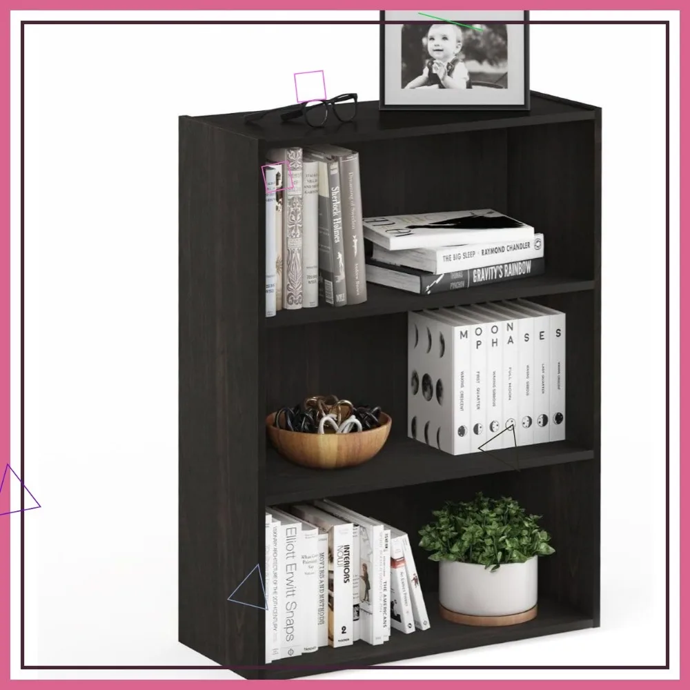 

3-уровневая книжная полка с широкими полками, 31,5 дюйма для хранения вещей в гостиной, спальне и домашнего офиса с отделкой из черного дерева