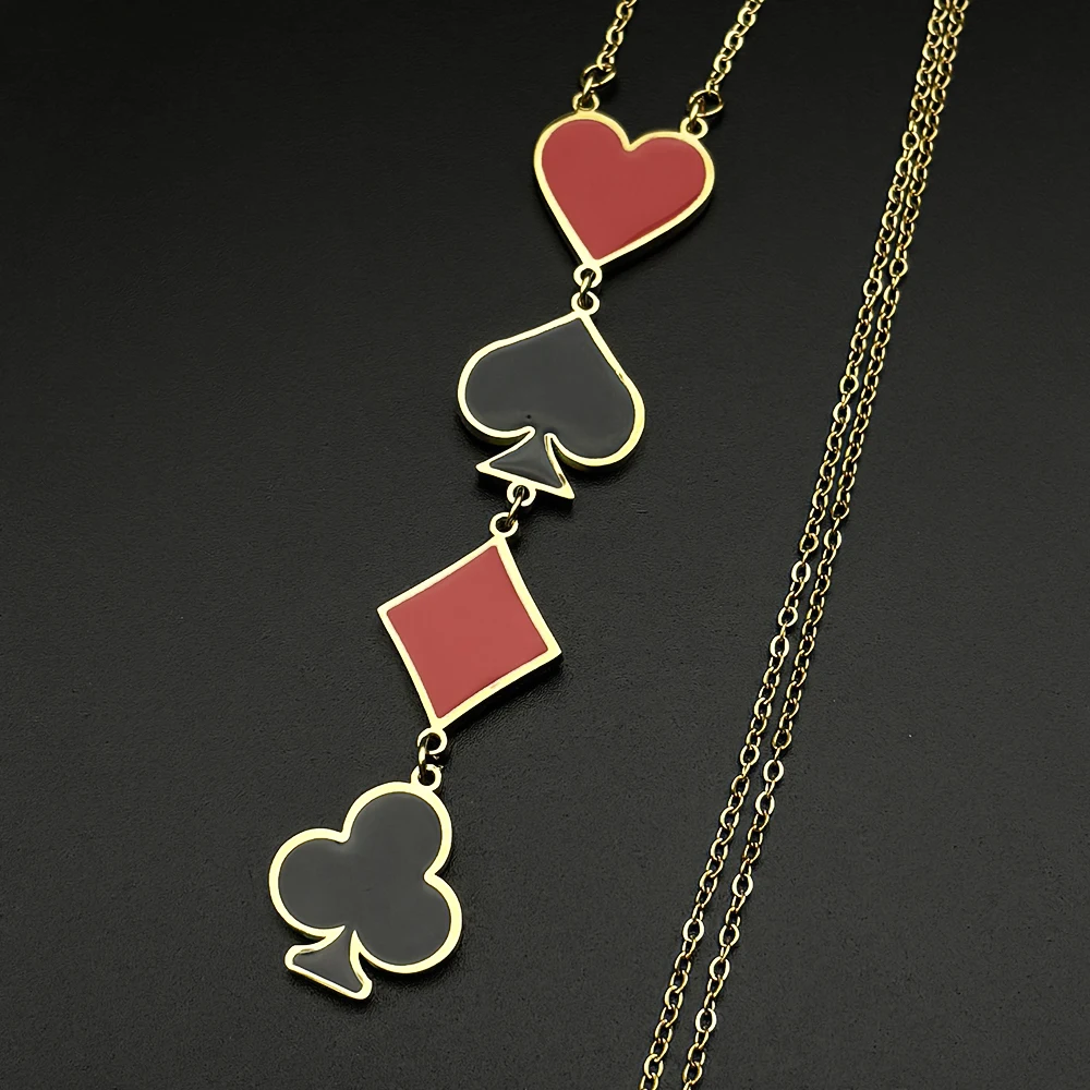 Pokerkarten-Halskette mit Sprossen in Form von Pik, Herzen, Karo und Ruiten für Damen und Herren aus Edelstahl, Glücksbringer, Vintage, Hip-Hop, Streetwear, Party-Schmuck – Detail 6