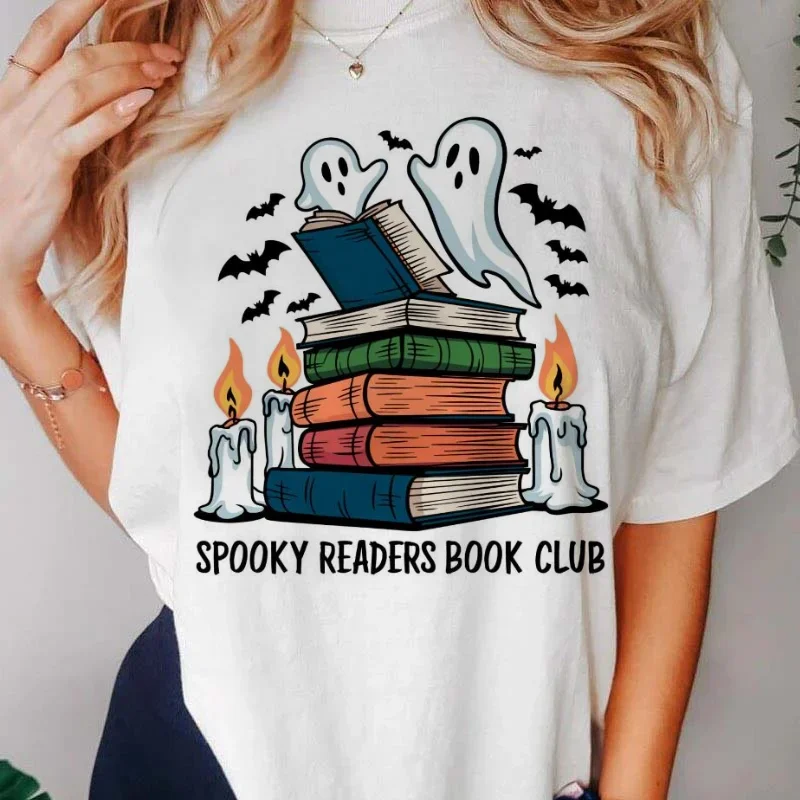 Spooky Readers Book Club Ghost Book Lover Printed Fun Versatile T-Shirt Street Short Sleeve Cartoon Pattern Summer Top T-Shirt