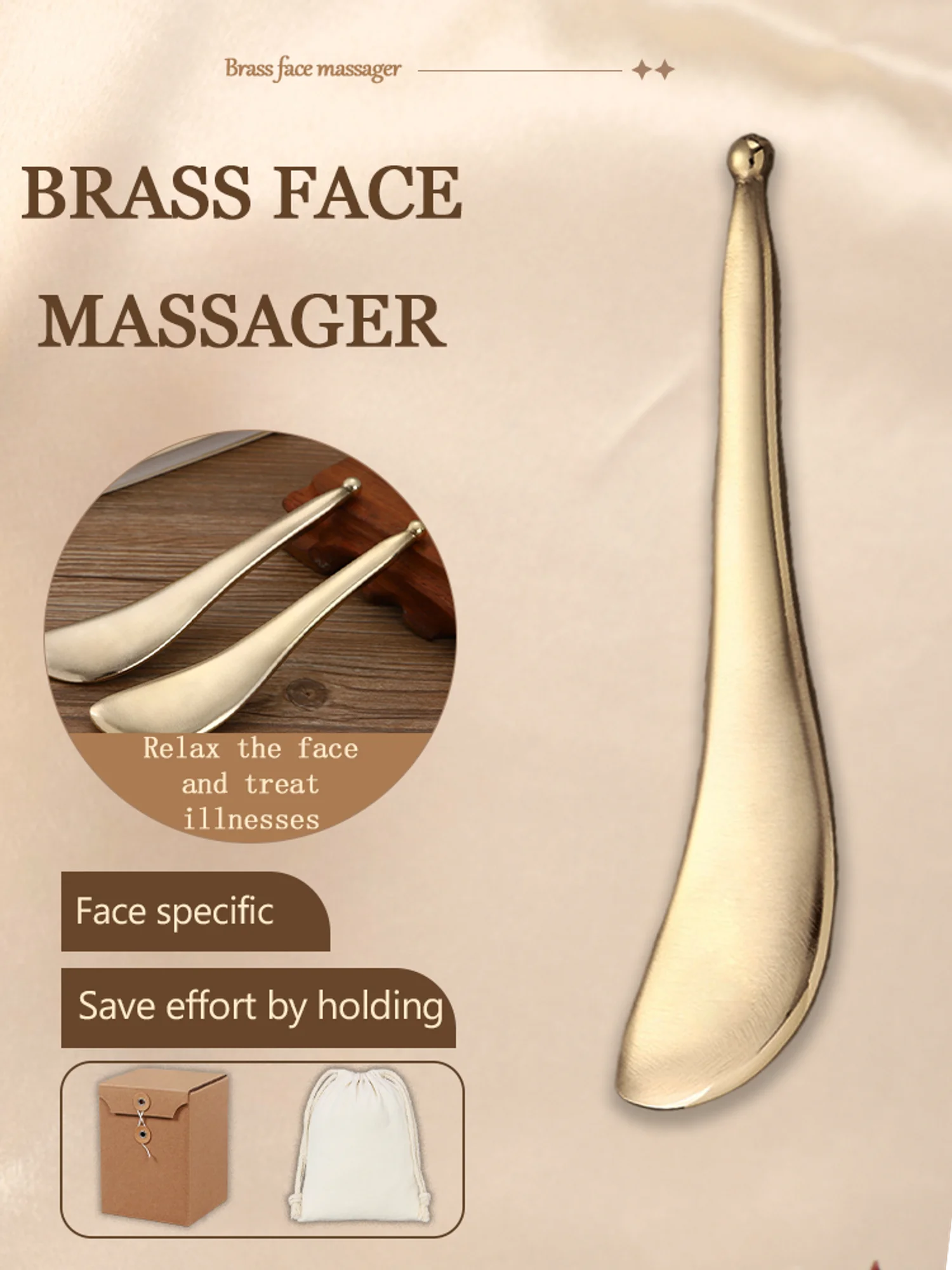 Pure brass scraping facial massager dark circles eye bags beauty acupoint massage stick metal scraping