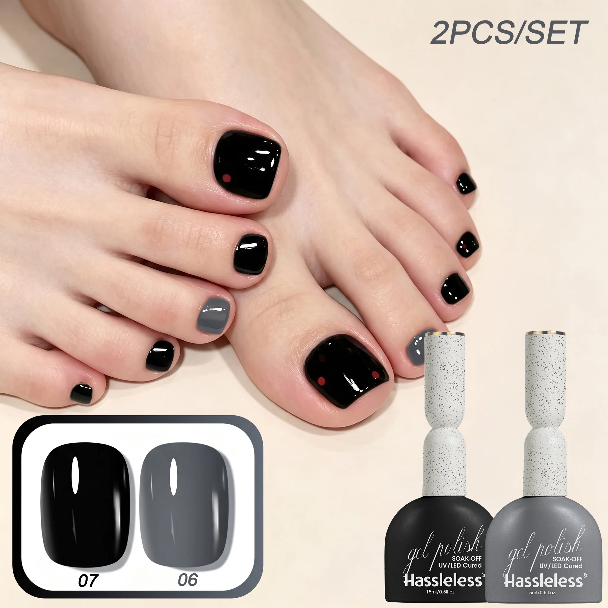 Hassleless 2Pcs Black and Gray Nail Gel Polish Set, High Saturation with a Mirror-Like Texture, Long-Lasting and Wear-Resistant, Not Easy to Peel Off, Removable Formula, Does Not Damage the Natural Nails, the Preferred Choice for Foot Manicure, Suitable for Commuting and Vacations, Women's Nail Products