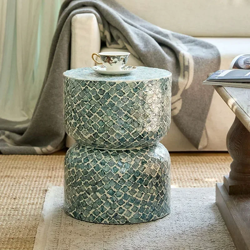 Mother of Pearl Inlay Cylinder Side Table, Luxury Shell Mosaic Round Stool, Nordic End Table for Living Room Bedroom Decor