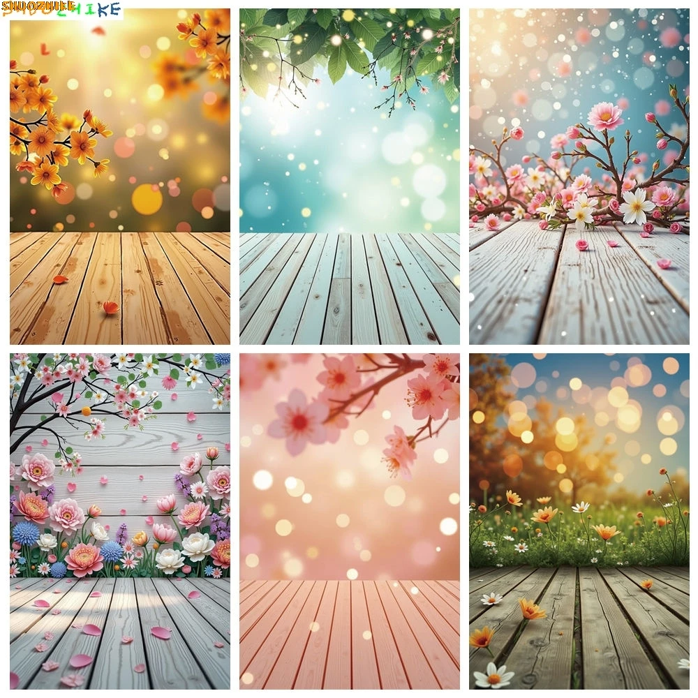 

Spring Nature Background Photography Flower Leaves Wooden Plank Photozone Backdrop Children Photo Studio Photocall Props
