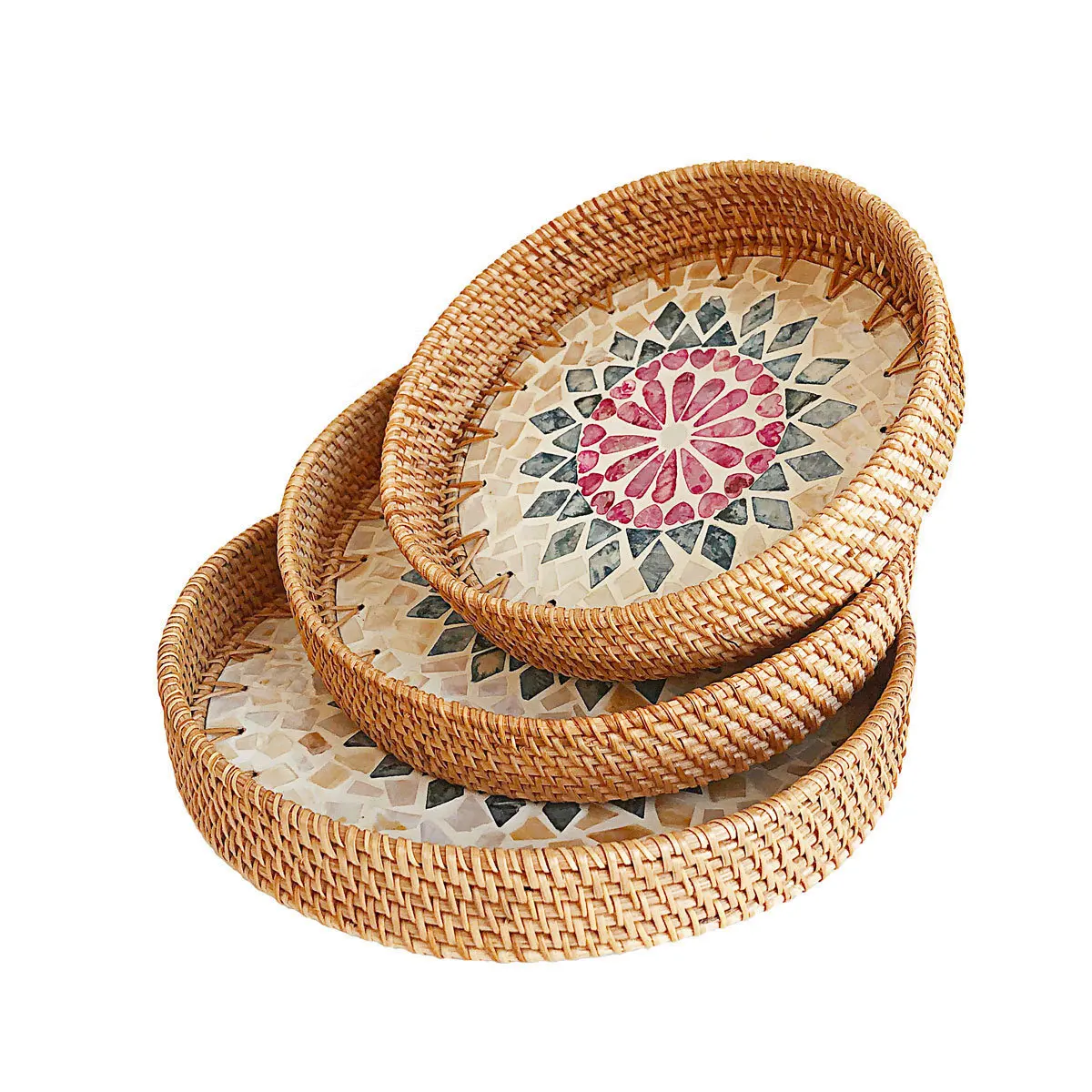 

HeMu Colorful Splicing Shell Rattan Storage Basket Set Bread Fruit Food Breakfast Display Box Natural Hand-Woven Tray Roundness