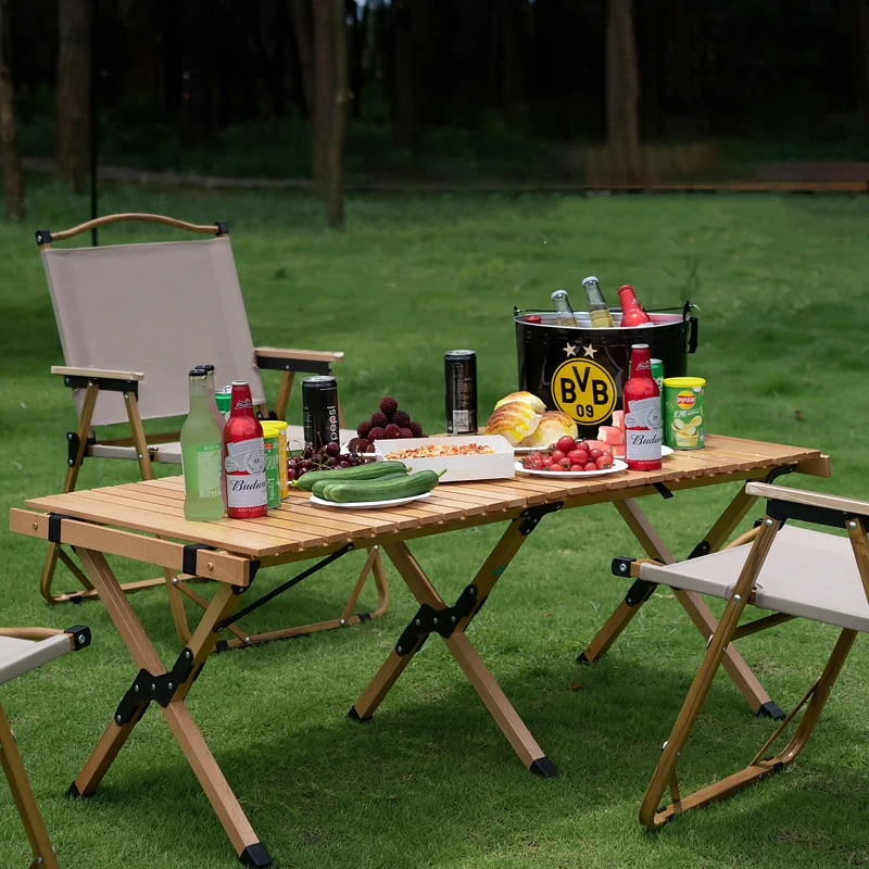 Outdoor Portable Egg Folding Camping Table Roll Up Picnic Wood Grain Aluminum Alloy Metal Foldable Outdoor Furniture Modern