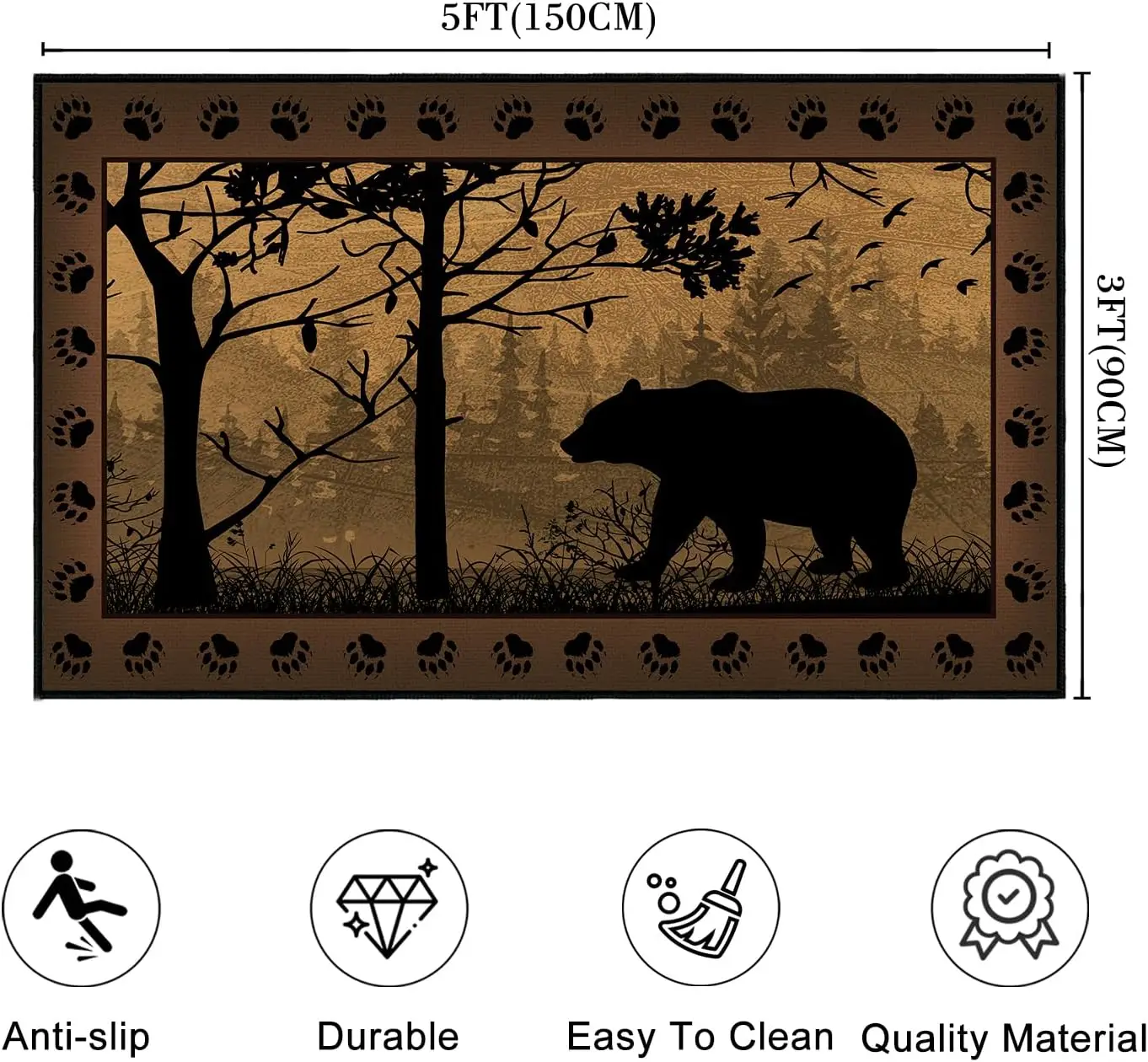 Bear Country Cabin Wildlife,Ultra-Thin Washable Throw Carpet Brown Rugs for Bedroom Indoor Vintage Rugs Non Slip Accent Floor