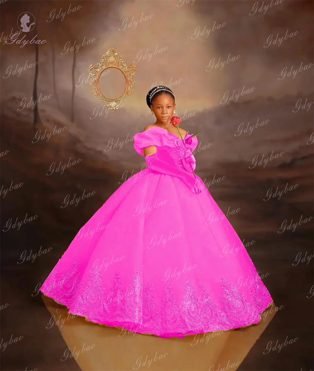 

Custom Luxury Fluffy Off The Shoulder Flower Girl Dress Tie First Communion Birthday Prom Activity Princess Dress