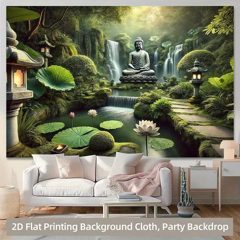 2D Flat, 1pc Serene Zen Garden Buddha Statue Backdrop Banner - Zen Meditation Theme with Greenery, Stone Texture & Waterfall/ Po