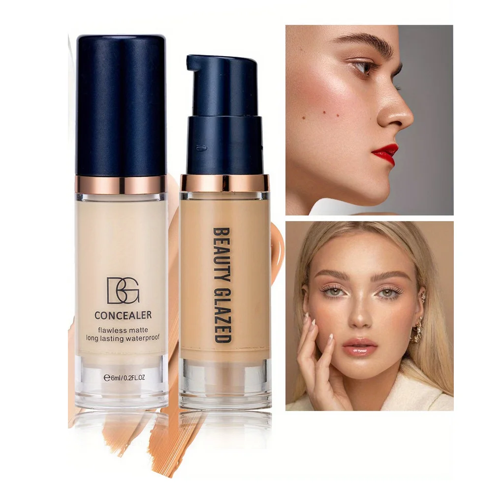 BEAUTY GLAZED 2-teiliges Make-up-Set, Concealer und flüssiges Foundation-Set, vollständige Abdeckung, wasserfest, langlebig, natürlicher Look, dunkler Kreis