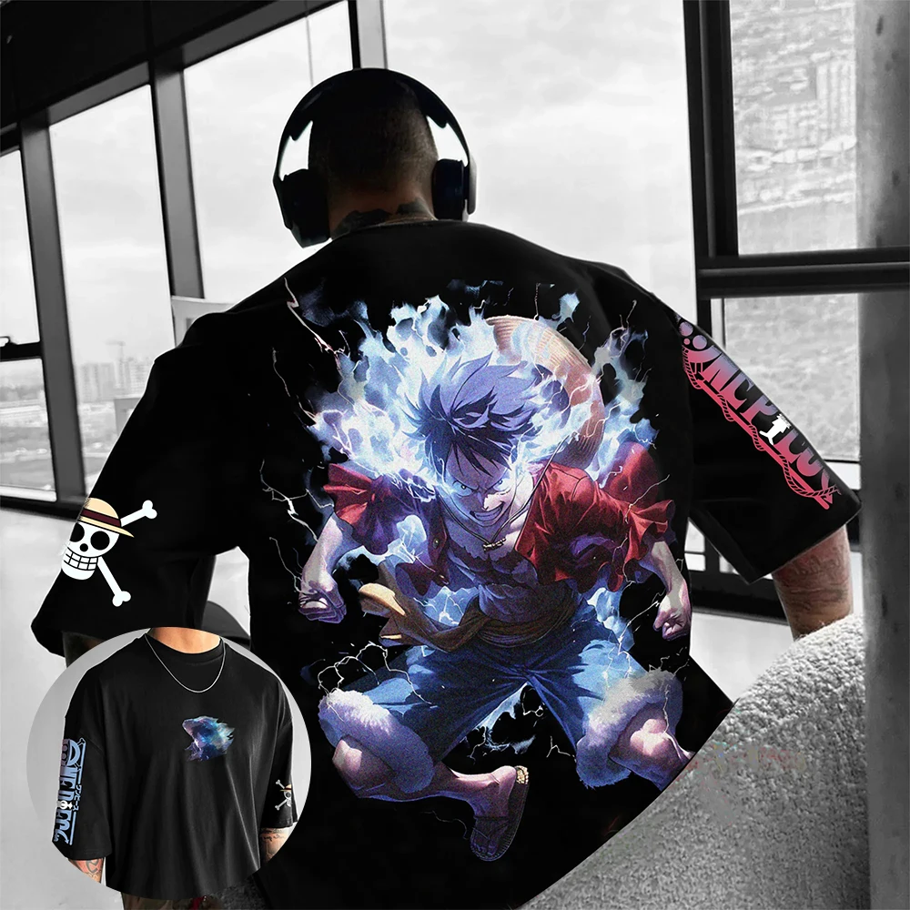 

Official ONE PIECE Luffy T-Shirt Men's Black Graphic Tee Anime Blue Lightning Print Cotton Oversized Streetwear Anime Cosplay