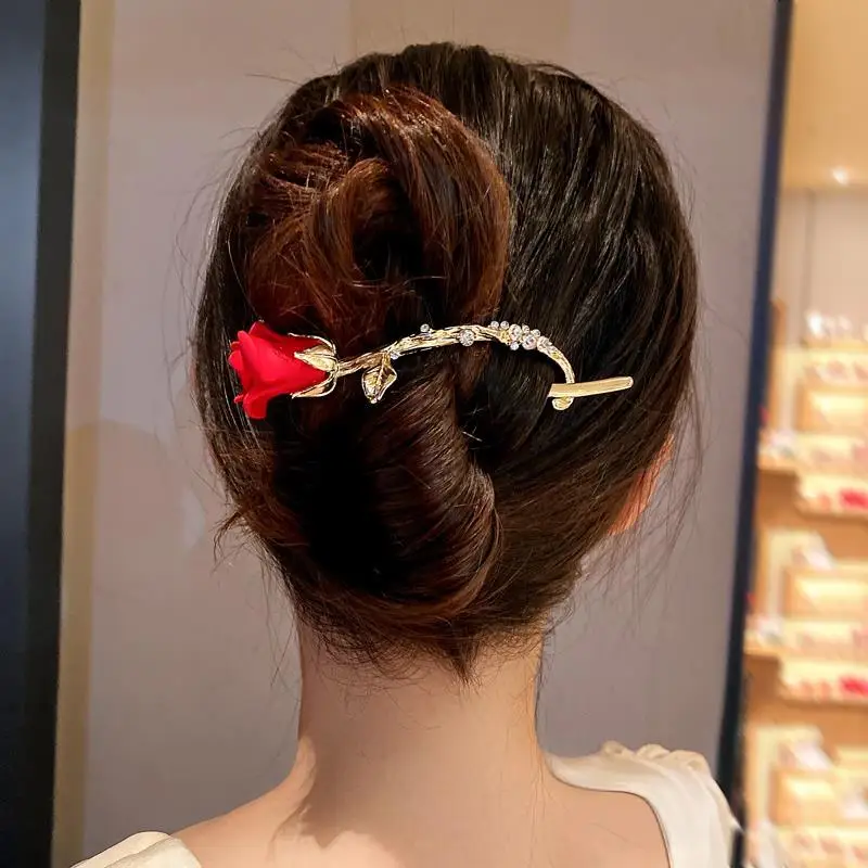 New Korean Red Rose Flower Twisting Hairpin Zircon Metal Pan Head Straight Hair Buckle Elegant Women\'s Fashion Hair Jewelry