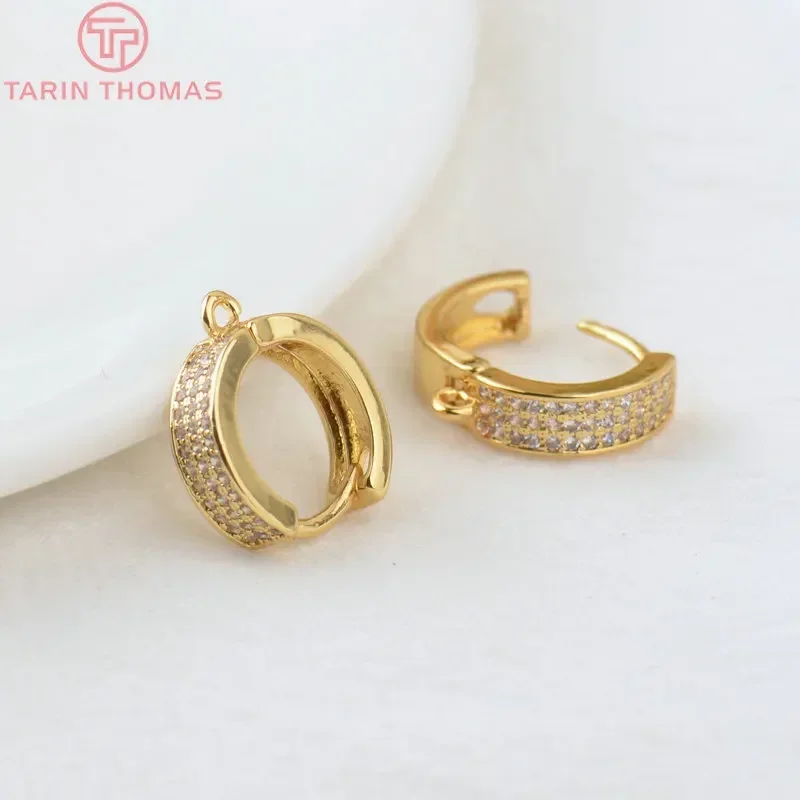 (2338)4PCS 15MM Hole 1.5MM 24K Gold Color Brass with Zircon Round Earrings Hoop Earring Clip High Quality Jewelry Making Finding