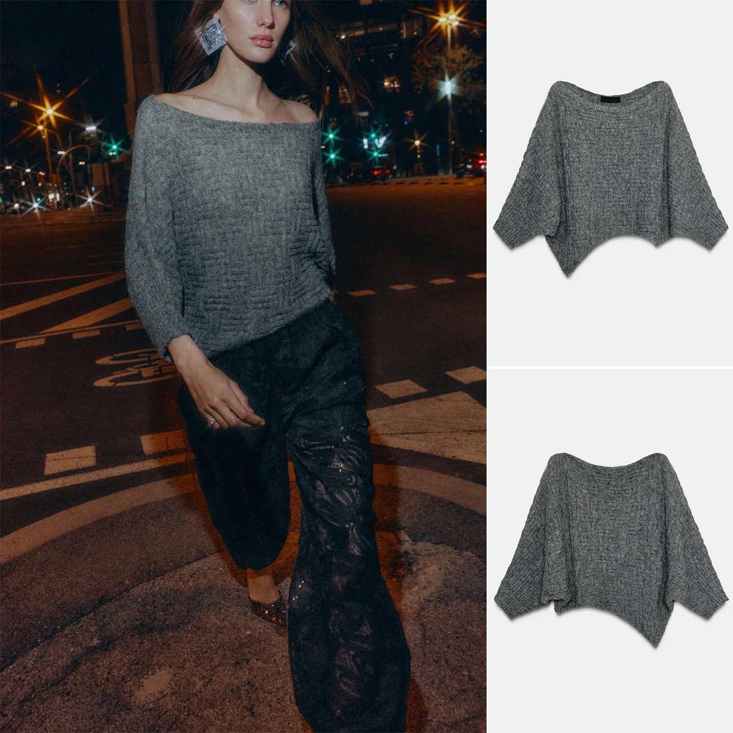 

Winter New Women's Lazy Sle One-oulder Elbow-Length Wide Sve Asymmetric Texture Knitted Sweater Loose Fit Polyester Fiber