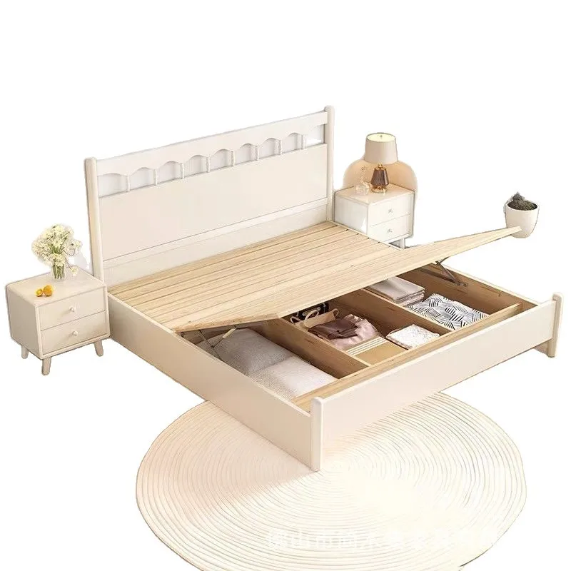 Solid wood bed white American retro cream French 5 simple modern wind soft bag rice storage double bed 1.8 meters