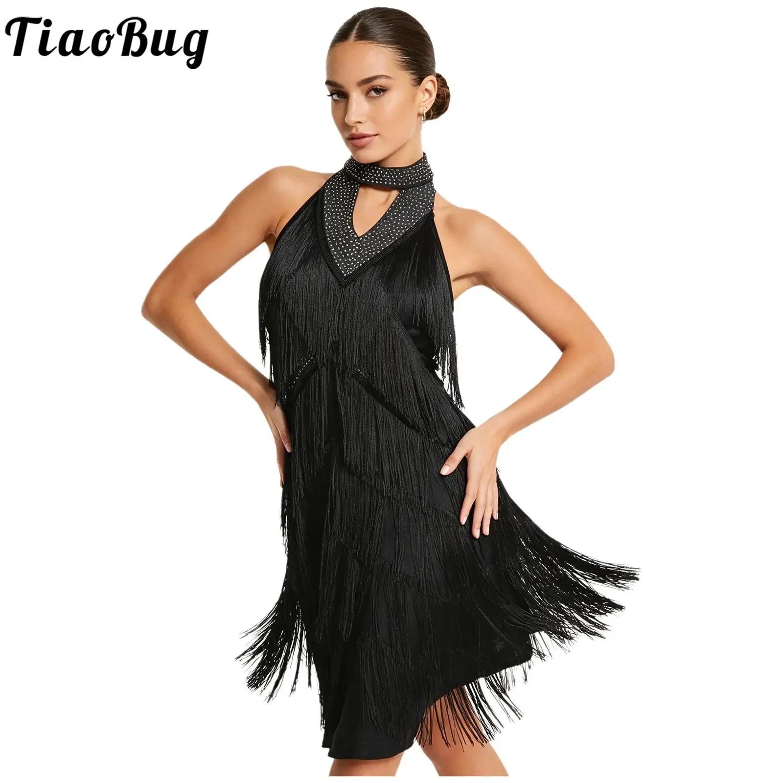

Women Tiered Tassel Latin Tango cha-cha Dance Dress Rhinestones Halter Backless Fringed Dress Flamenco Samba Ballroom Dancewear