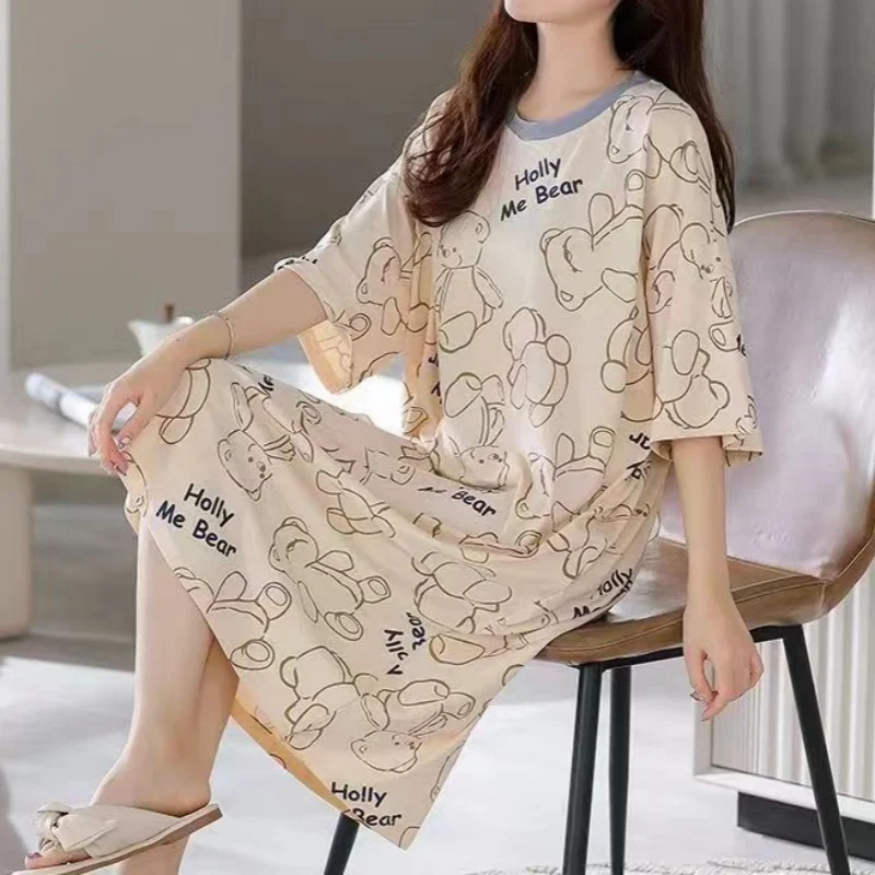 Women Summer One Piece Dress Short Sleeve O-neck Thin Long Skirt Printing Cartoon Loose Pajamas Leisure Nightdress Big Size