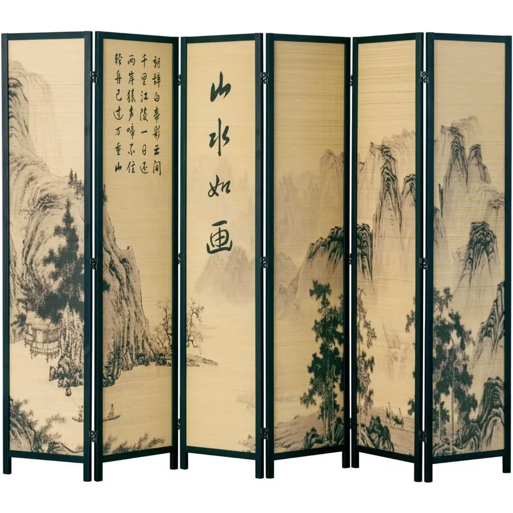 Room Divider Decorative 6 Panel Folding Room Divider Bamboo Screen With Chinese Calligraphy Design Separator Devider Home Decor