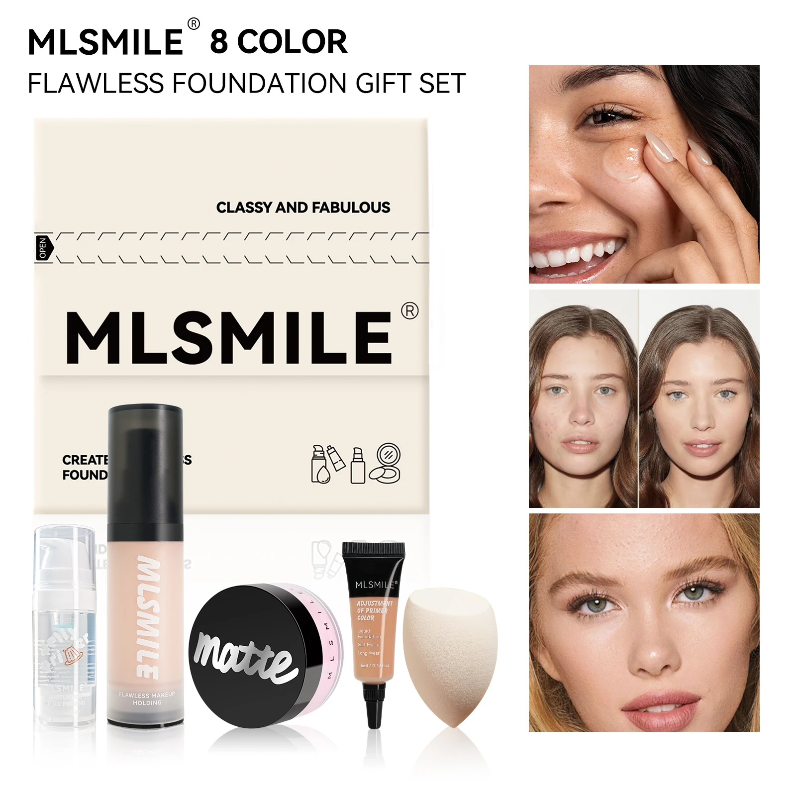 MLSMILE 5 Face Set Matte Loose Powder Foundation Primer มาพร้อมตัวอย่างรองพื้นเมคอัพไข่