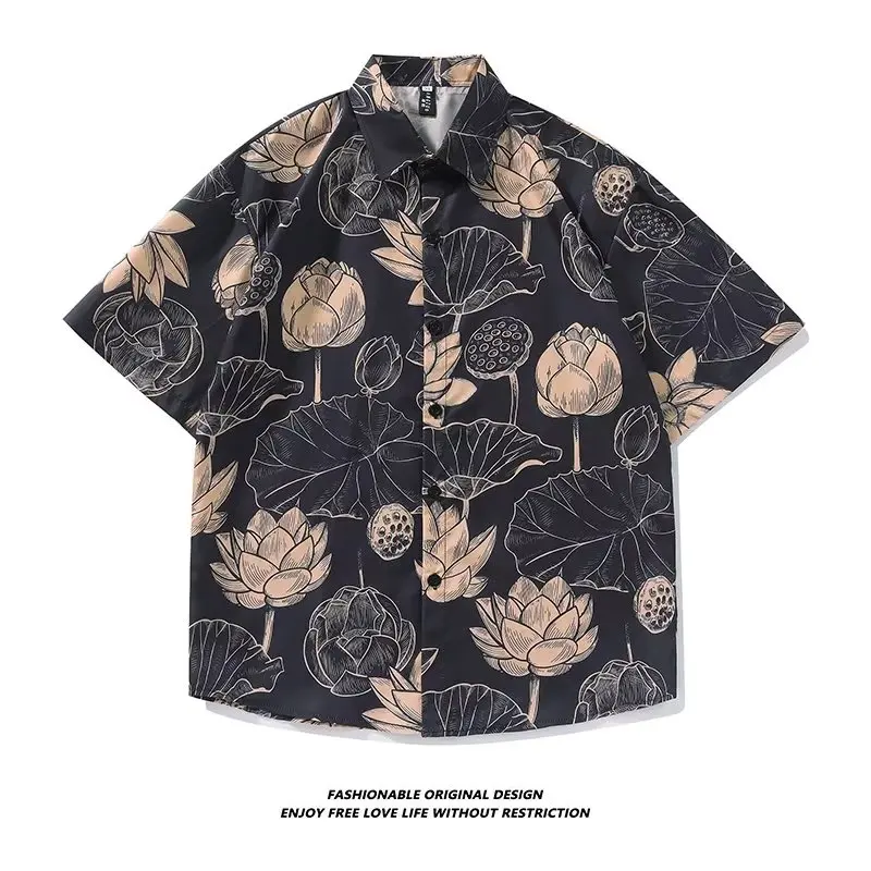 2024 Summer fashion label full print short sleeved floral shirt for men, loose fitting couple, Hawaiian style versatile shirt