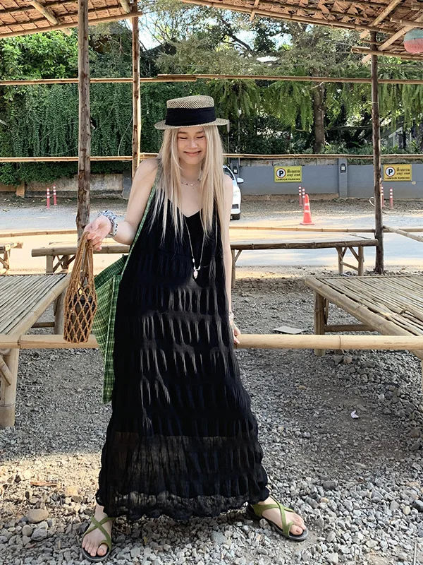 

plus Size Women's Summer Dress Sweet Youthful Loose Slimming Meat Concealing Pleated Strap Long Dress Commute Style High Wais...