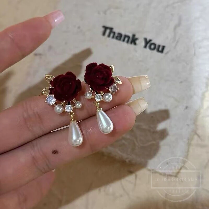 Elegant Red Rose Flower Earrings for Women Pearl Pendant Earring Bridal Wedding Engagement Jewelry New Year Gift