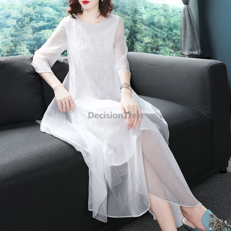 Spring Summer New Chinese Style Robe Women Improved Qipao Dress Long Chiffon Embroideried Advanced Sense Temperament Loose Dress